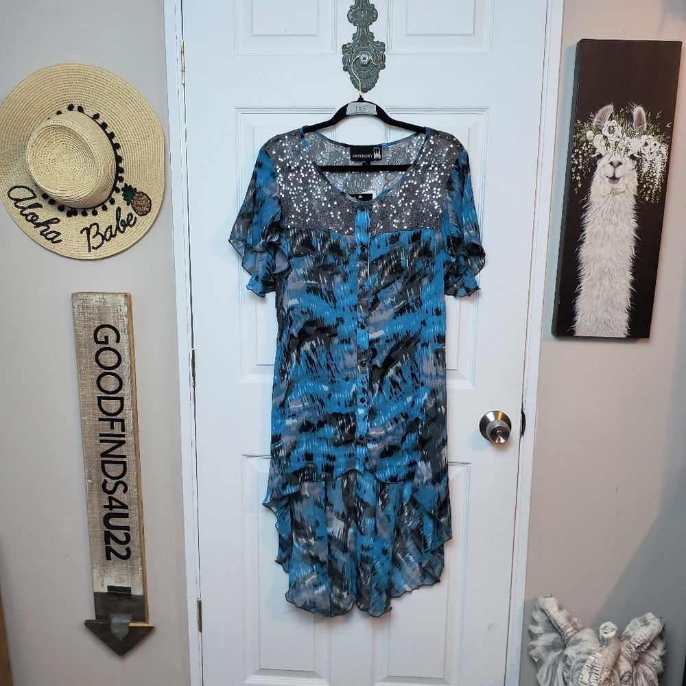 *Original Antthony* Blue Sheer Tunic High low Top Flutter Sleeves 10p